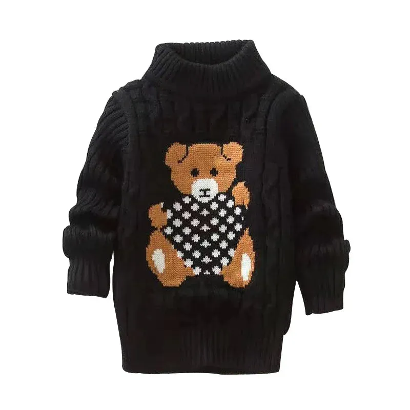 1-8 Years Warm Cute Winter Boys Girls Sweater Cartoon Bear Knitted Bottoming Turtleneck 2021 Children Birthday Present Sweater