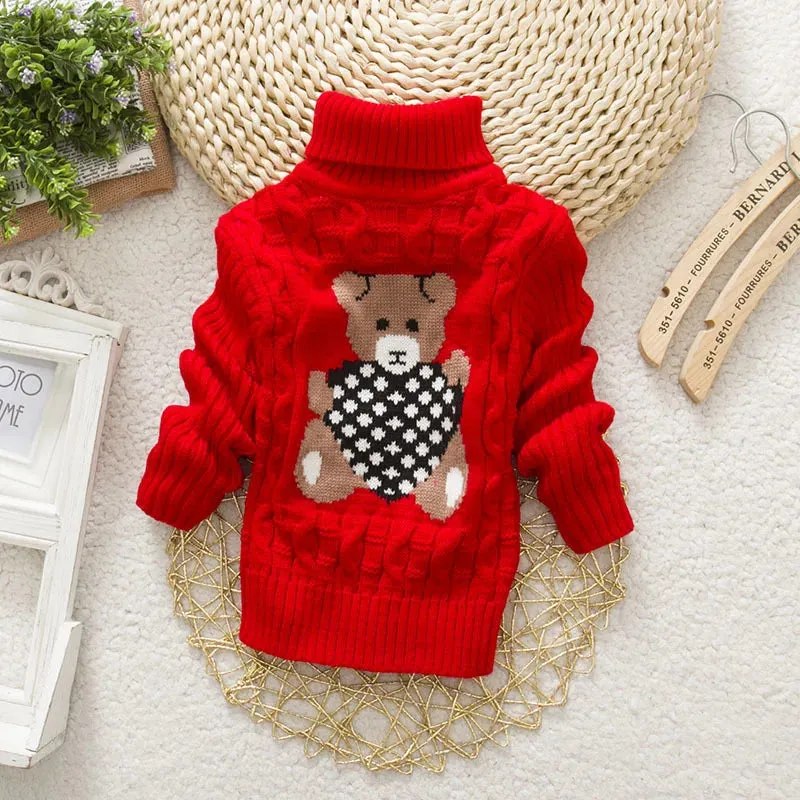 1-8 Years Warm Cute Winter Boys Girls Sweater Cartoon Bear Knitted Bottoming Turtleneck 2021 Children Birthday Present Sweater