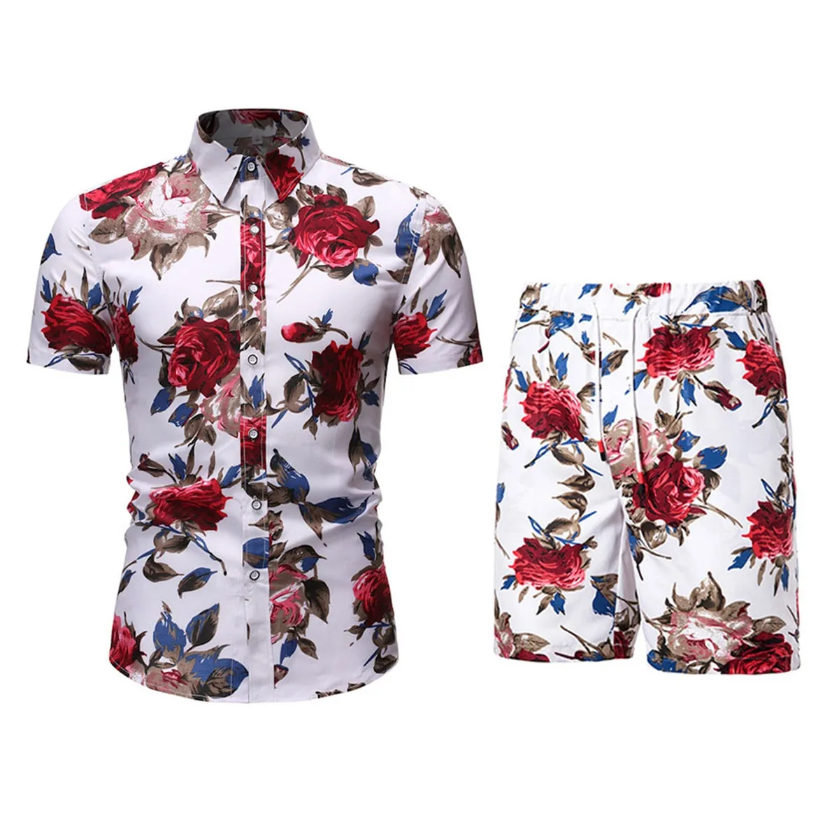 2-Piece Hawaii Red Floral Print Style Summer Suit White