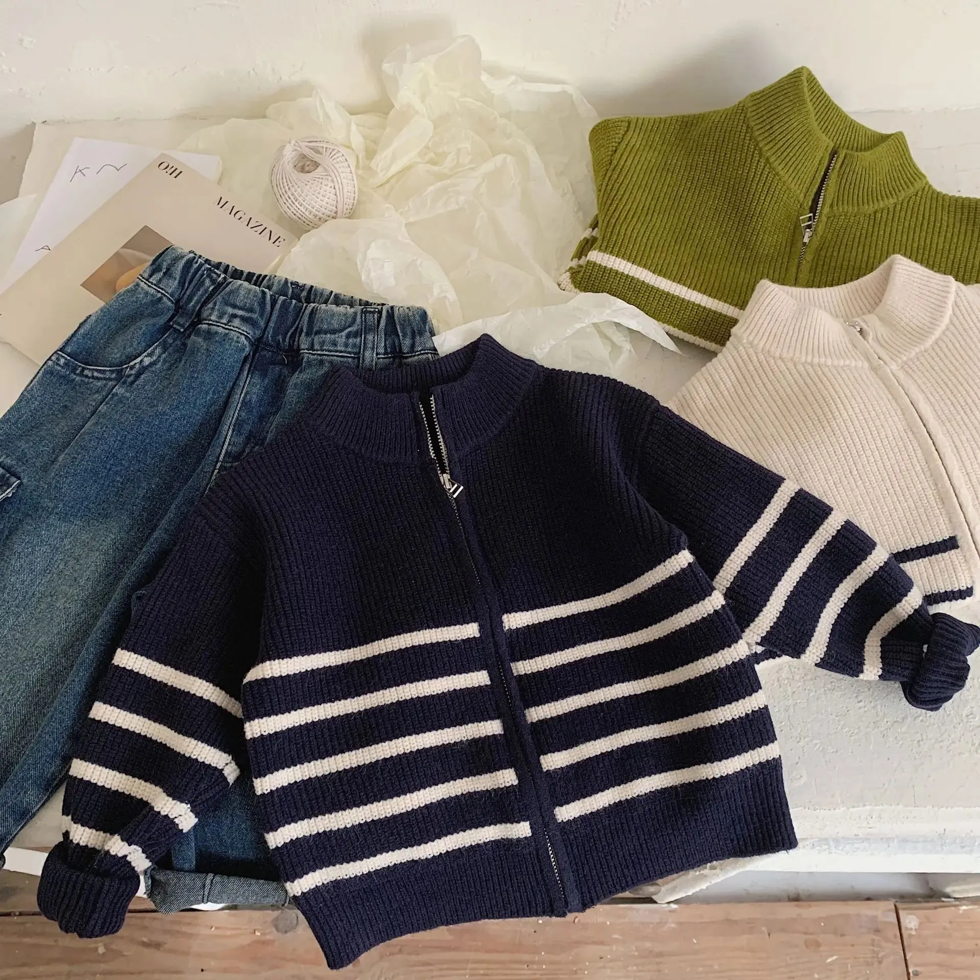 2024 Autumn New Kids striped sweater Coats Boys soft loose zipper Cardigan Girls knit outwear