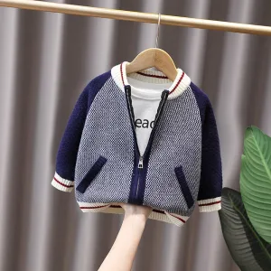 2024 Spring and Autumn Boys Fashion Stripe Zipper Cardigan Round Neck Letter Sweater Long sleeved Top Children's Clothing 1-6Y