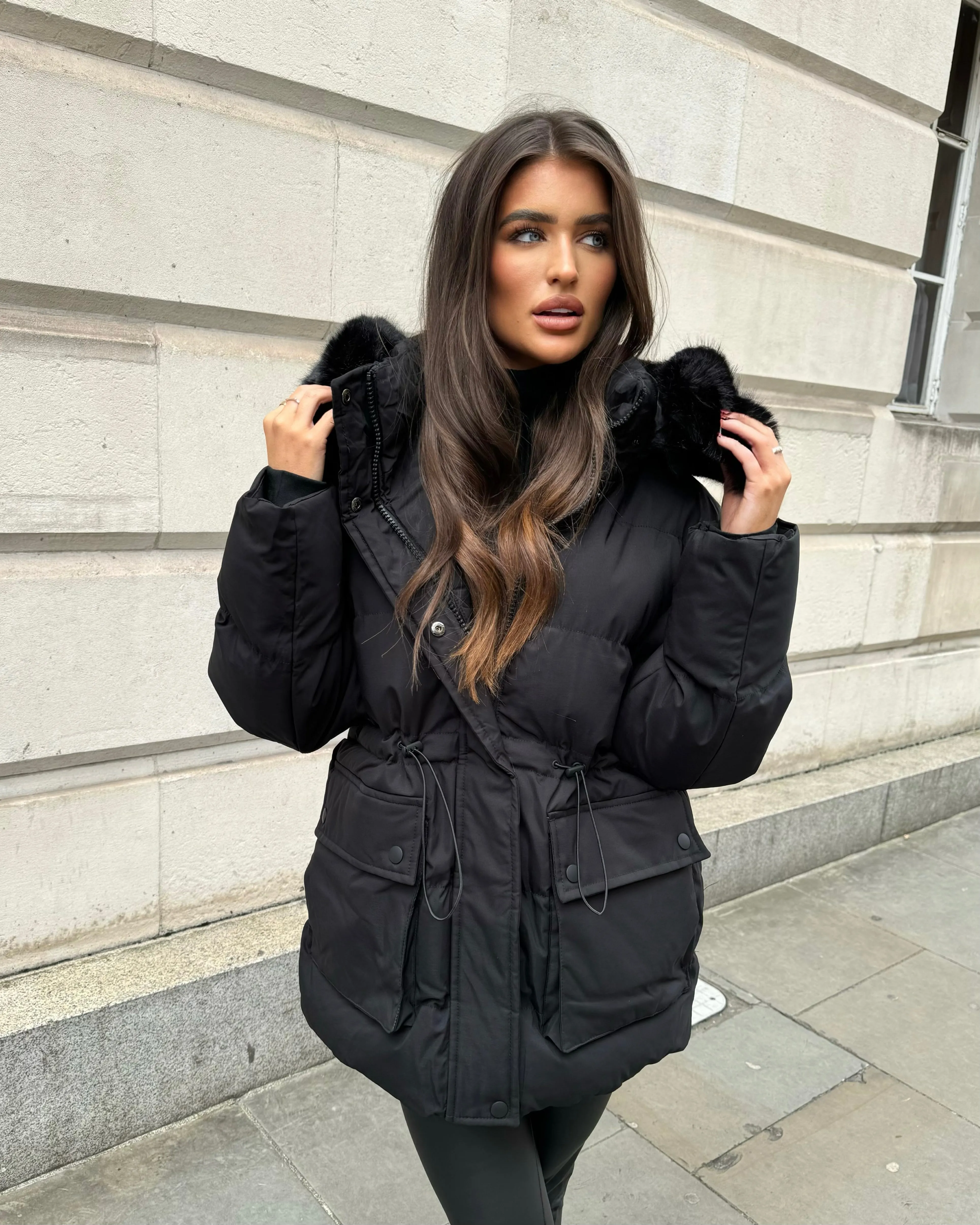 Aaliyah Padded Faux Fur Hooded Coat - Black