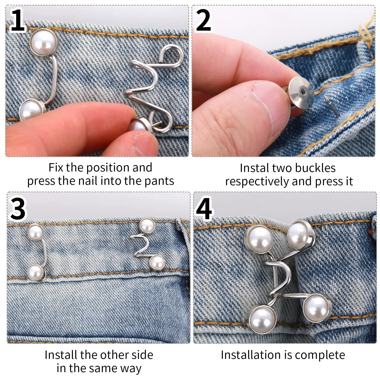 Adjustable Jean Button,2 Sets Jean Button Pins,Adjustable Waist Buckle Extender for Jeans,Waist Tightener Instant Clips for Loose Jeans Skirts(White Pearl)