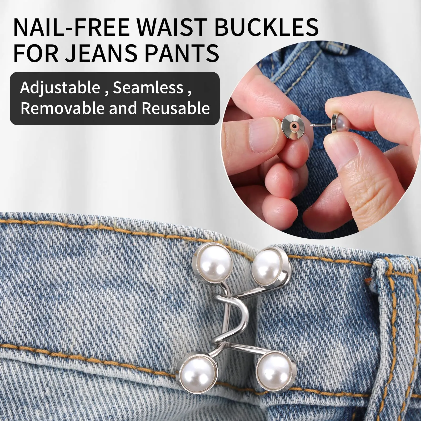 Adjustable Jean Button,2 Sets Jean Button Pins,Adjustable Waist Buckle Extender for Jeans,Waist Tightener Instant Clips for Loose Jeans Skirts(White Pearl)