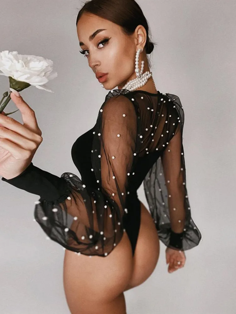 Amozae Hirigin Pearl Mesh Puff Sleeve Bodysuit Women Tops See Through Skinny Bodycon Body Suit Rompers Basic Black   Bodysuits