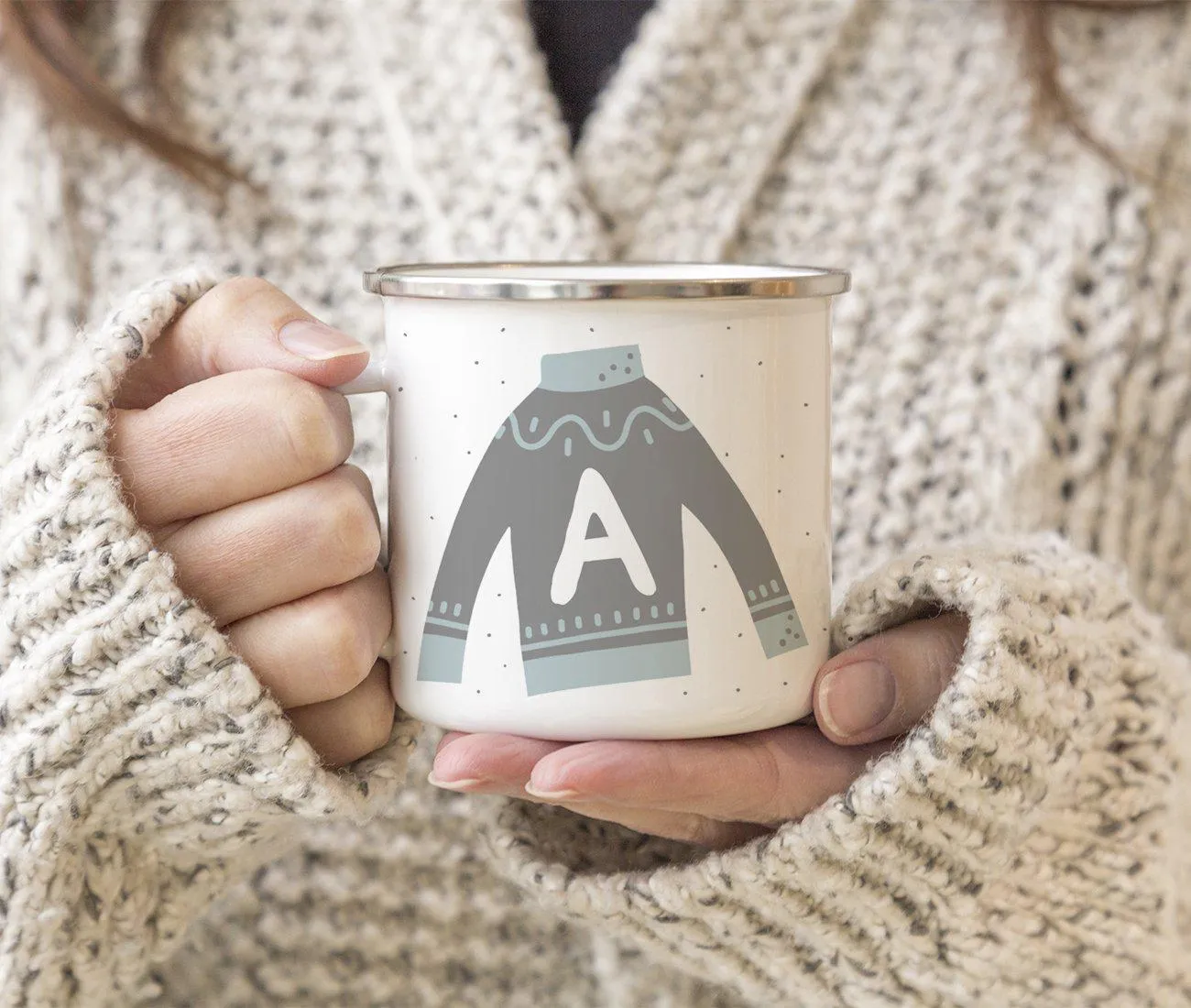 Andaz Press 11oz Gray Blue Ugly Holiday Sweater Monogram Campfire Coffee Mug