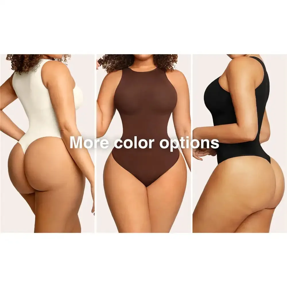 Autumn Bodycon T-shirt Bodysuit Tops for Women Soft Crew Neck Body Shaper Thong Jumpsuit Flat Belly Corset Sexy Thong Shapewear