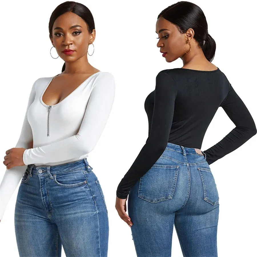 Autumn winter sexy black bodysuits skinny zipper long sleeve bodysuit women shirt fashion body mujer jumpsuits