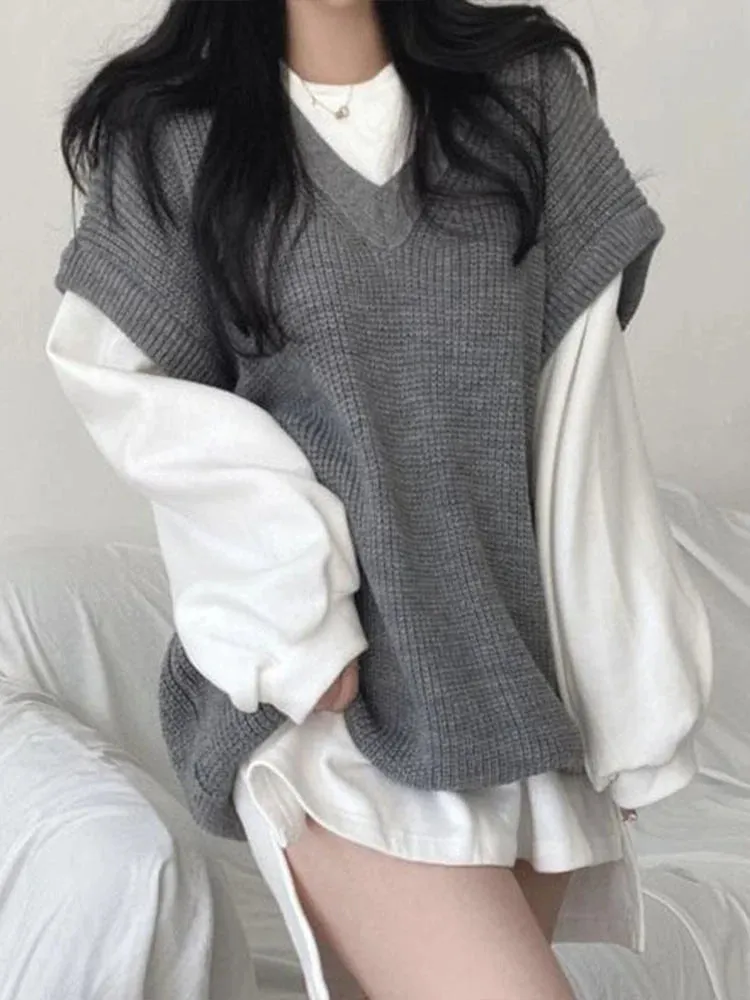 Autumn Winter Vest Women Korean Style Knitted Sweaters Female Oversized Preppy Jumper Ladies Casual Loose Long Sleeve Pullovers