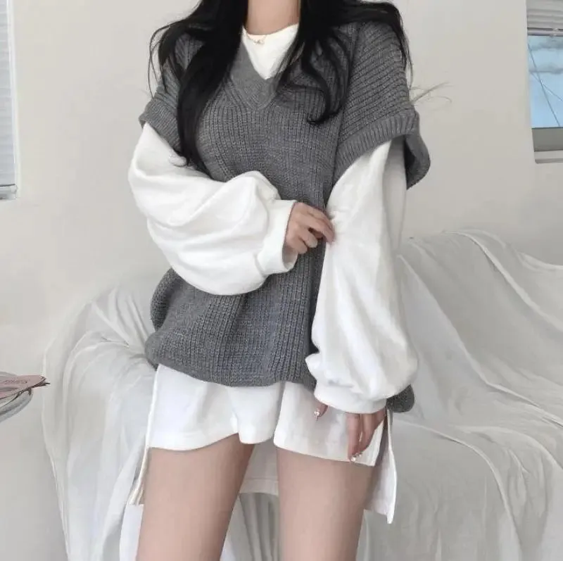 Autumn Winter Vest Women Korean Style Knitted Sweaters Female Oversized Preppy Jumper Ladies Casual Loose Long Sleeve Pullovers