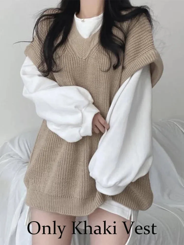 Autumn Winter Vest Women Korean Style Knitted Sweaters Female Oversized Preppy Jumper Ladies Casual Loose Long Sleeve Pullovers