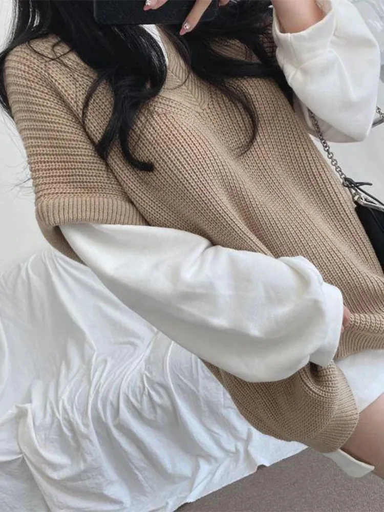 Autumn Winter Vest Women Korean Style Knitted Sweaters Female Oversized Preppy Jumper Ladies Casual Loose Long Sleeve Pullovers