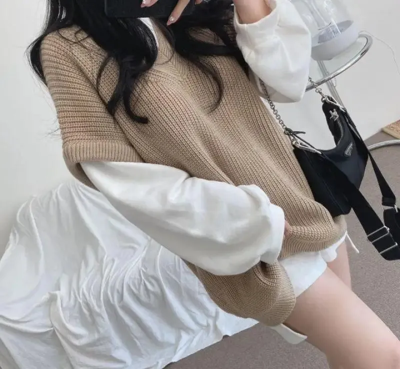 Autumn Winter Vest Women Korean Style Knitted Sweaters Female Oversized Preppy Jumper Ladies Casual Loose Long Sleeve Pullovers