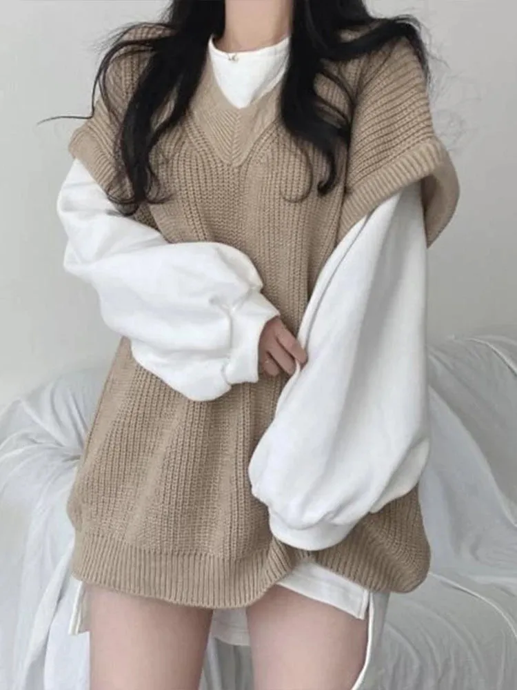 Autumn Winter Vest Women Korean Style Knitted Sweaters Female Oversized Preppy Jumper Ladies Casual Loose Long Sleeve Pullovers