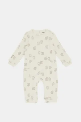 Babies Ecru Printed Romper With Side Pockets