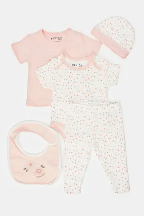 Babies Pink And White Printed Gift Set (5 Piece)