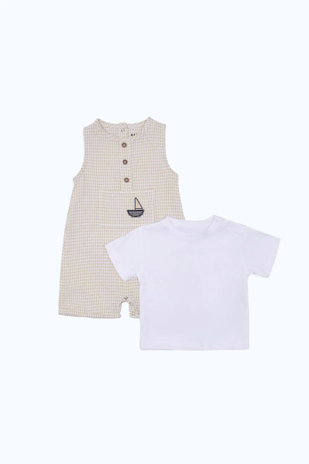 Baby Beige And White Dungaree Set (2 Piece)