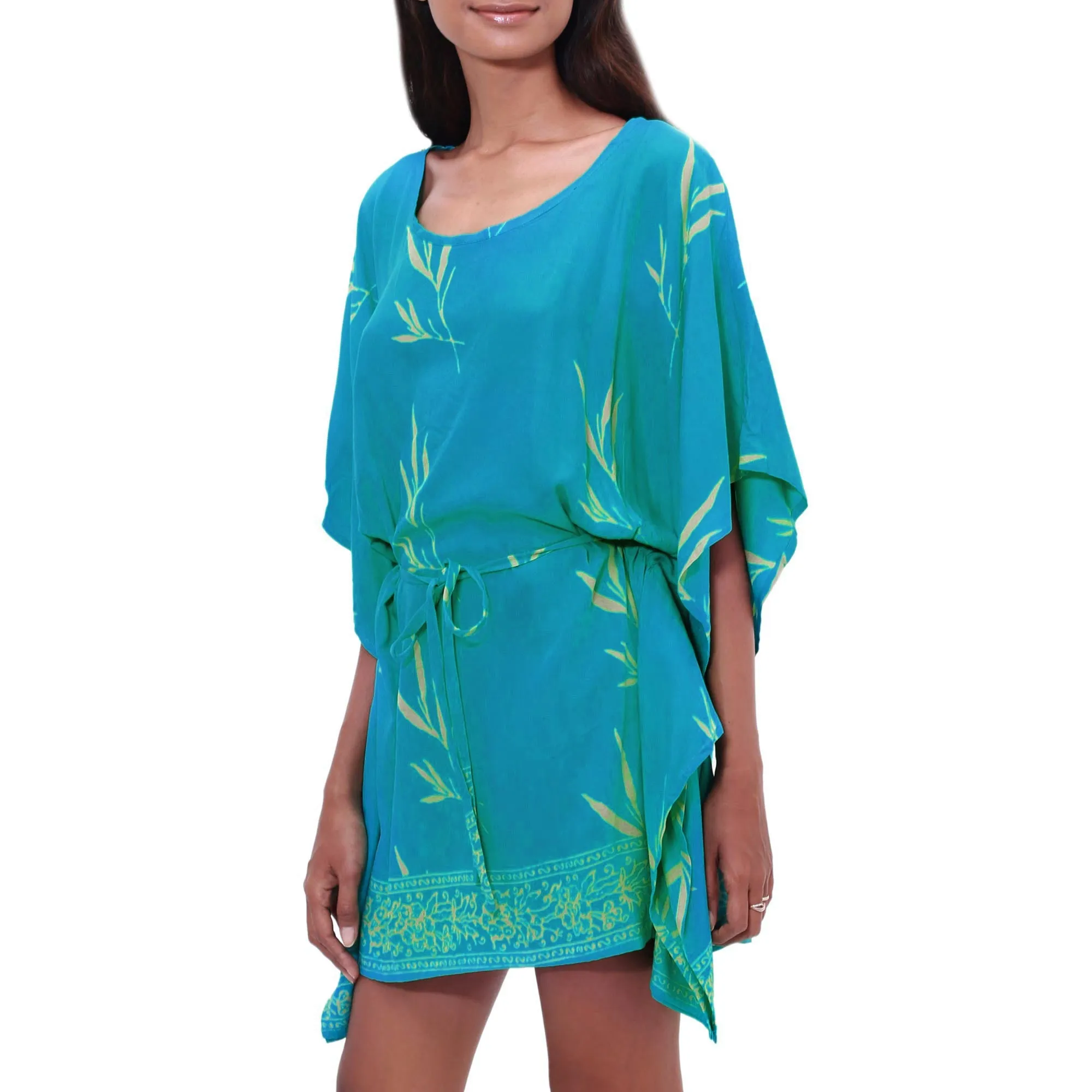 Balinese Breeze in Turquoise Batik Rayon caftan in Turquoise and Lemon