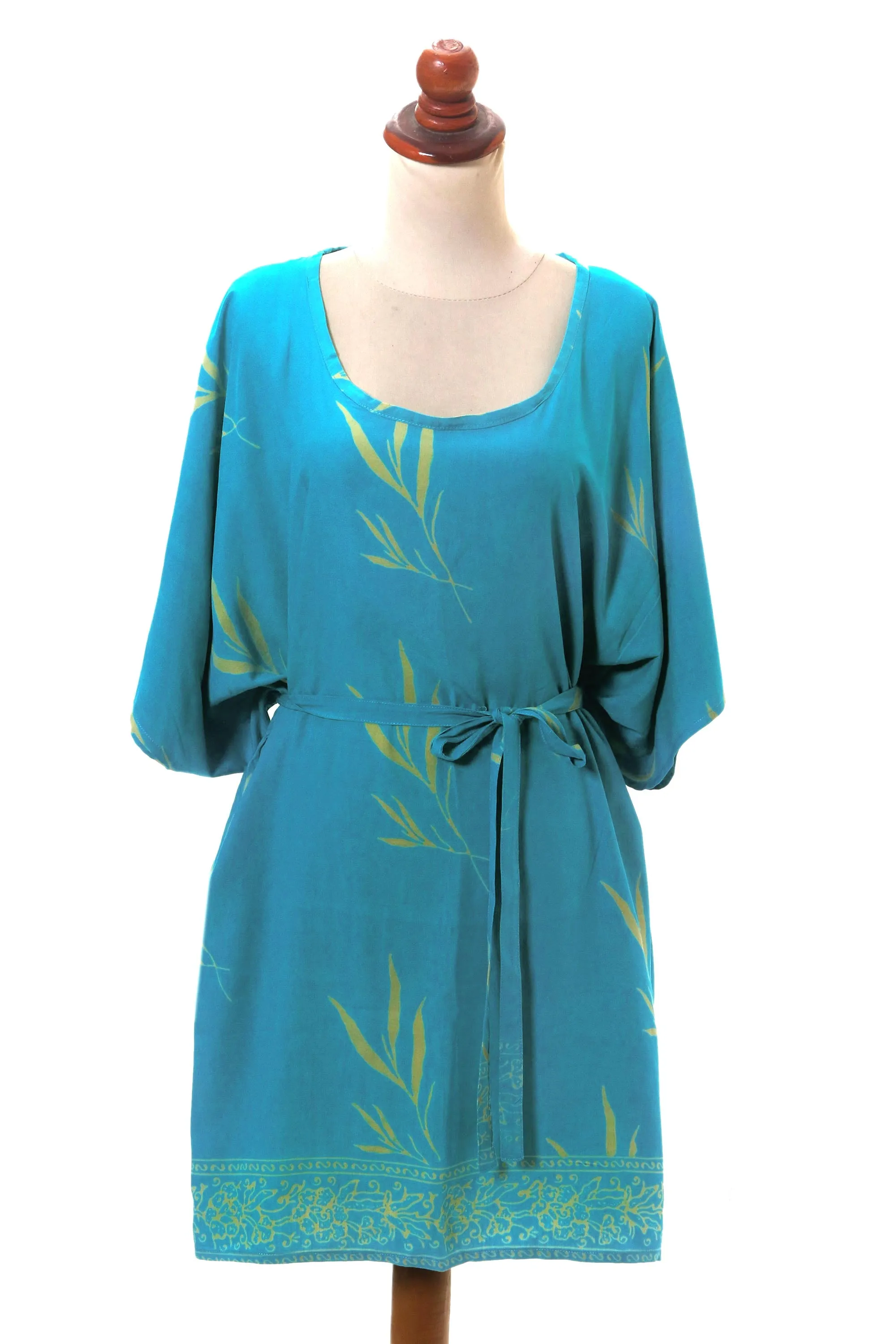 Balinese Breeze in Turquoise Batik Rayon caftan in Turquoise and Lemon