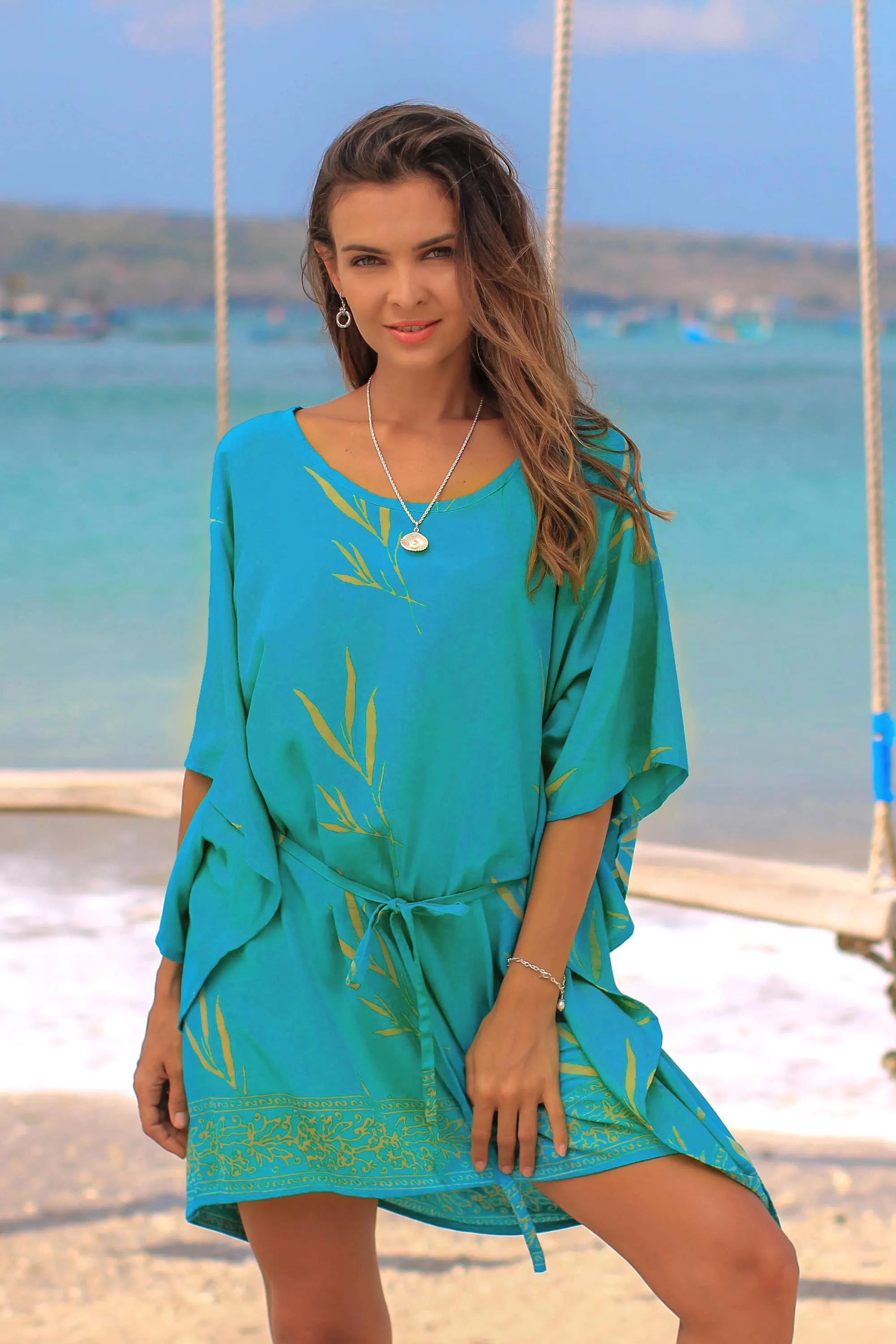 Balinese Breeze in Turquoise Batik Rayon caftan in Turquoise and Lemon