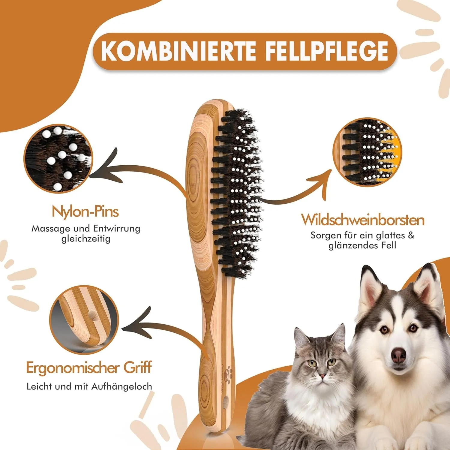 Bamboo Combi Dog Brush & Cat Brush | Smoothing and Detangling | Short Suitable for Medium Length Fur | Dog Comb for Undercoat I   Care Manual