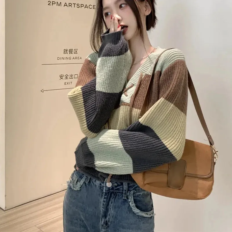 Biyaby Contrast Lace-Up V-Neck Sweater Ladies Preppy Style Basic Long Sleeve Knitted Pullovers Women 2023 Autumn Loose Knitwear