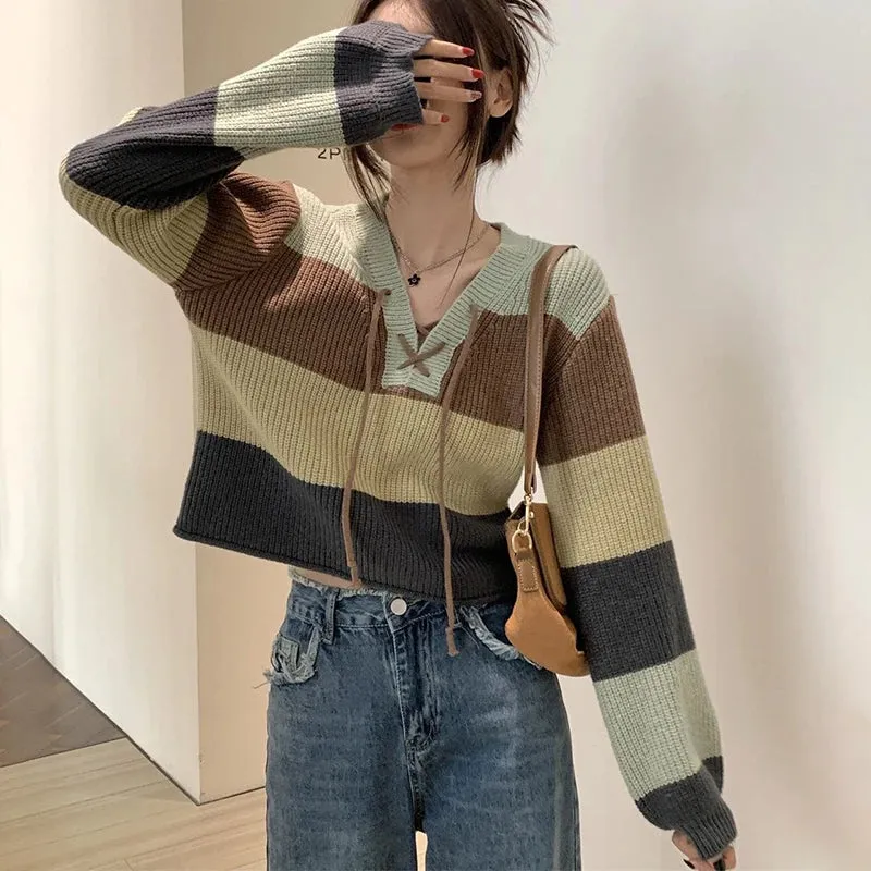 Biyaby Contrast Lace-Up V-Neck Sweater Ladies Preppy Style Basic Long Sleeve Knitted Pullovers Women 2023 Autumn Loose Knitwear