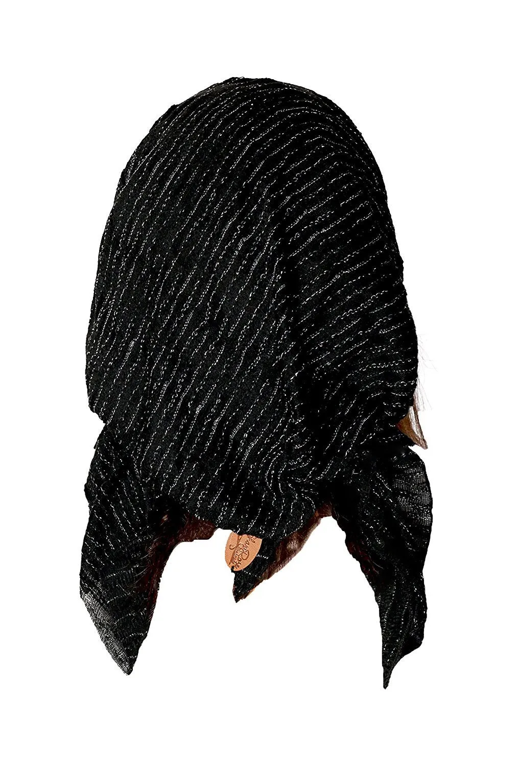 Black Boho Chic Pre-tied Head-Scarf Tichel Textured Breathable Knit Collection ShariRose (Black silver lurex long - sk02)