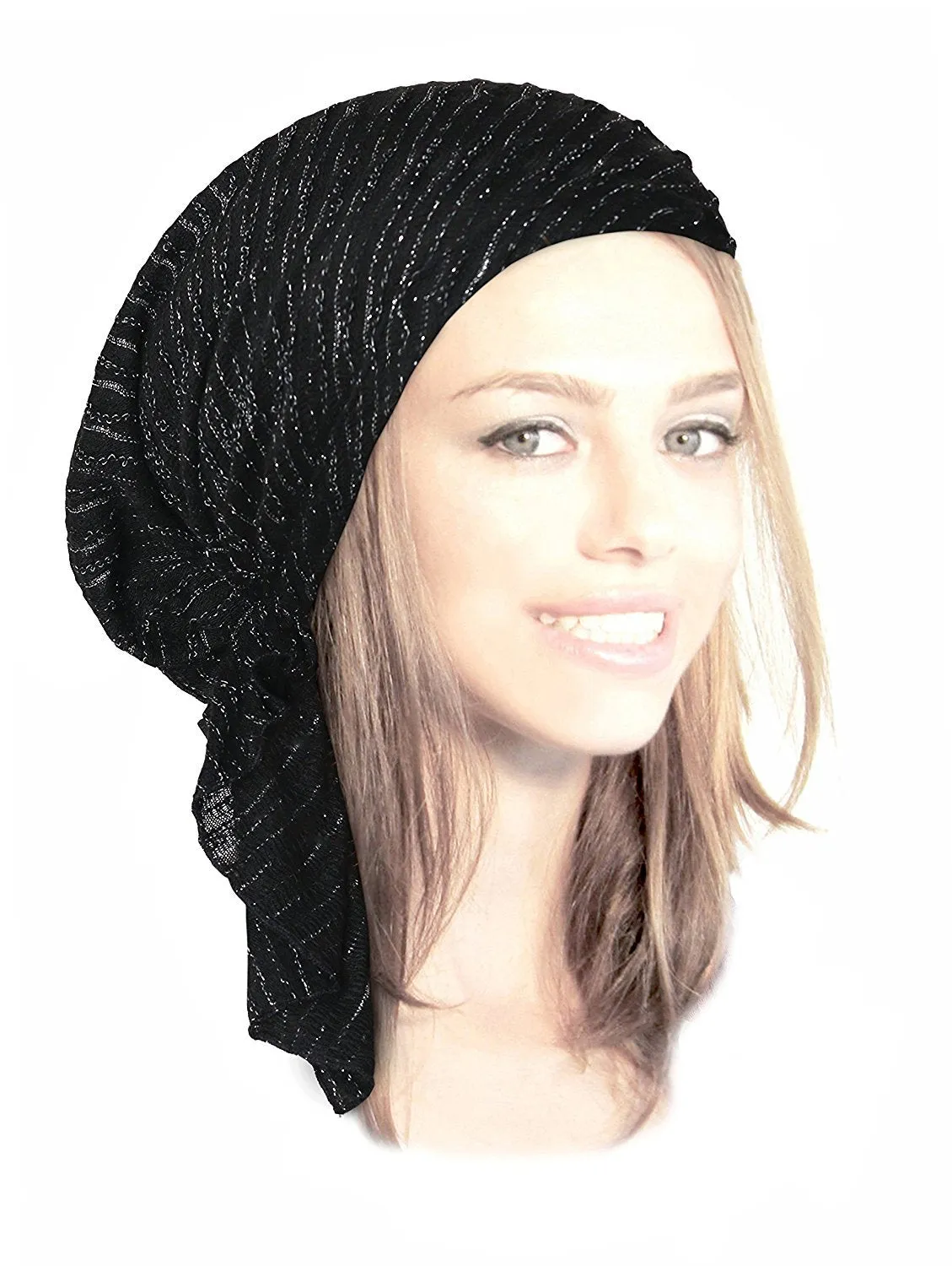 Black Boho Chic Pre-tied Head-Scarf Tichel Textured Breathable Knit Collection ShariRose (Black silver lurex long - sk02)