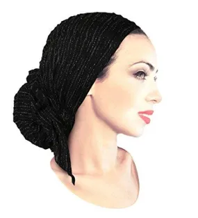 Black Boho Chic Pre-tied Head-Scarf Tichel Textured Breathable Knit Collection ShariRose (Black silver lurex long - sk02)