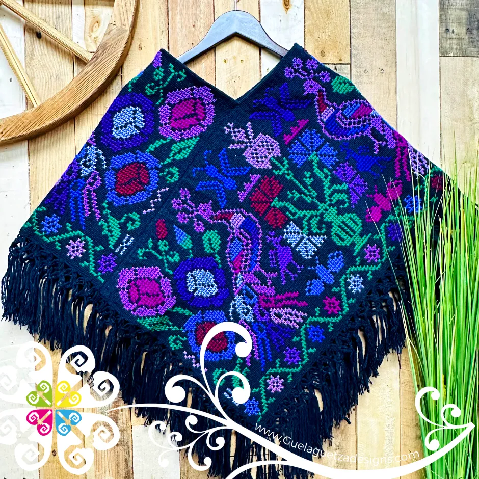 Black Peacock Design Embroider Poncho - Mañanita