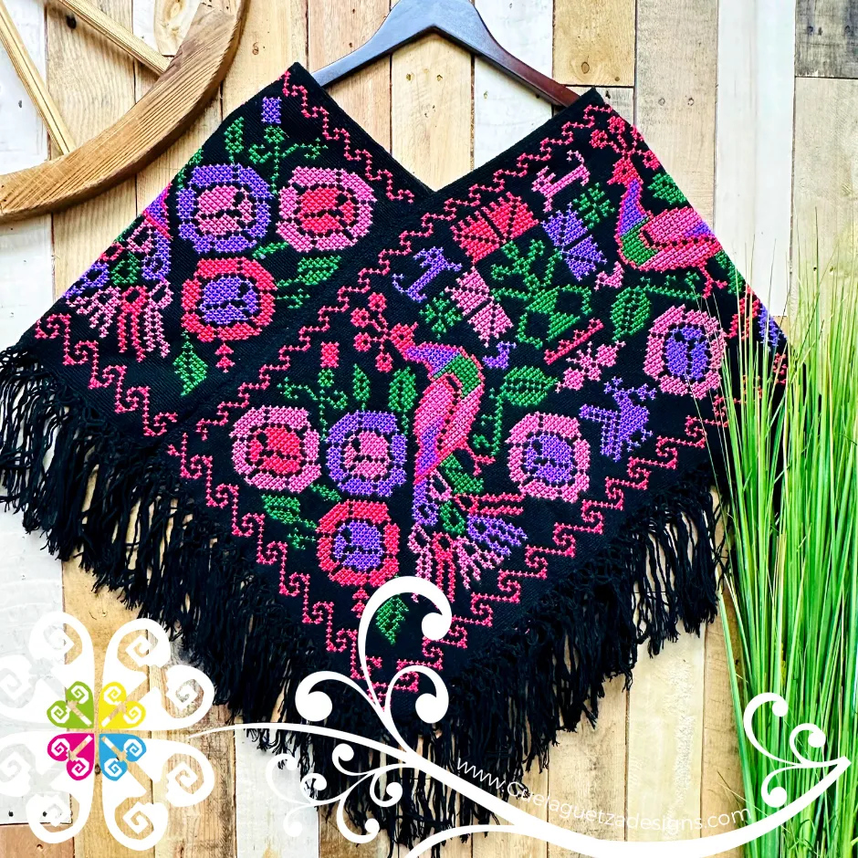 Black Peacock Design Embroider Poncho - Mañanita