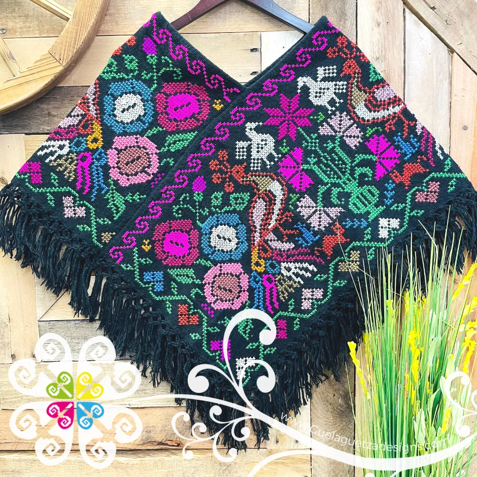 Black Peacock Design Embroider Poncho - Mañanita