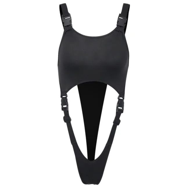 Black Solid Sexy High Street Bodysuit Hollow Out Buckle Sleeveless Backless Ladies Suspenders Bodysuit