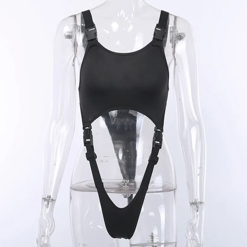 Black Solid Sexy High Street Bodysuit Hollow Out Buckle Sleeveless Backless Ladies Suspenders Bodysuit