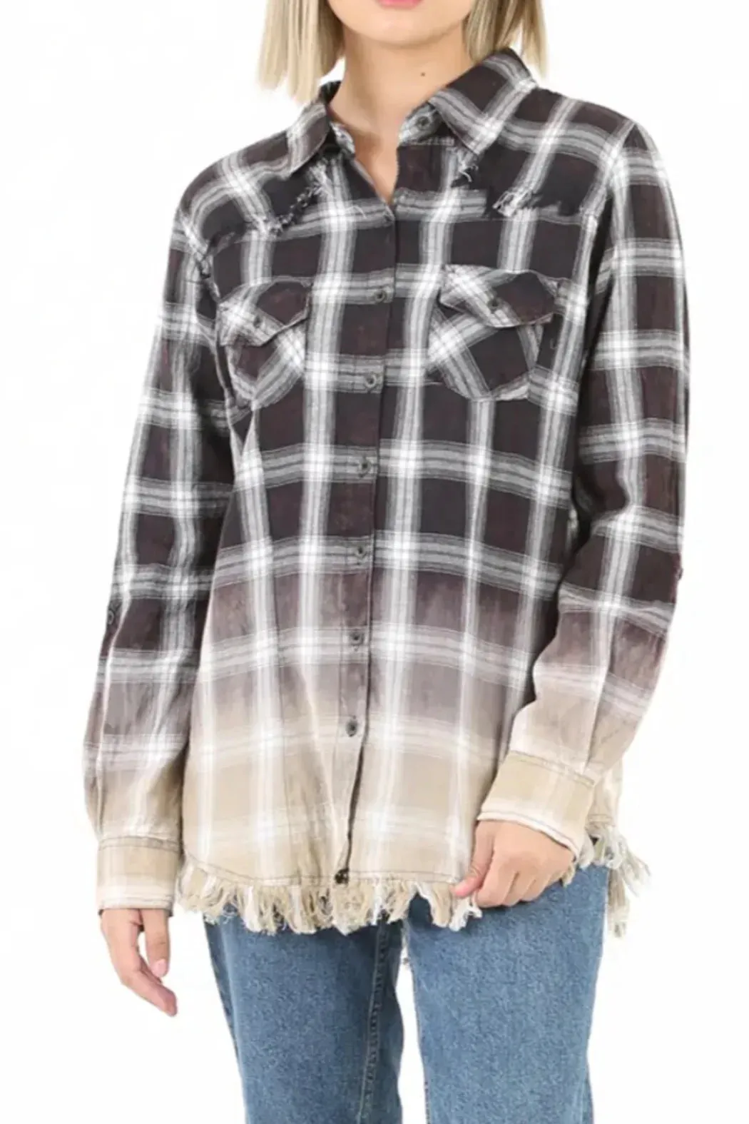 Bleached Bottom Plaid Shirt With Frayed Trim