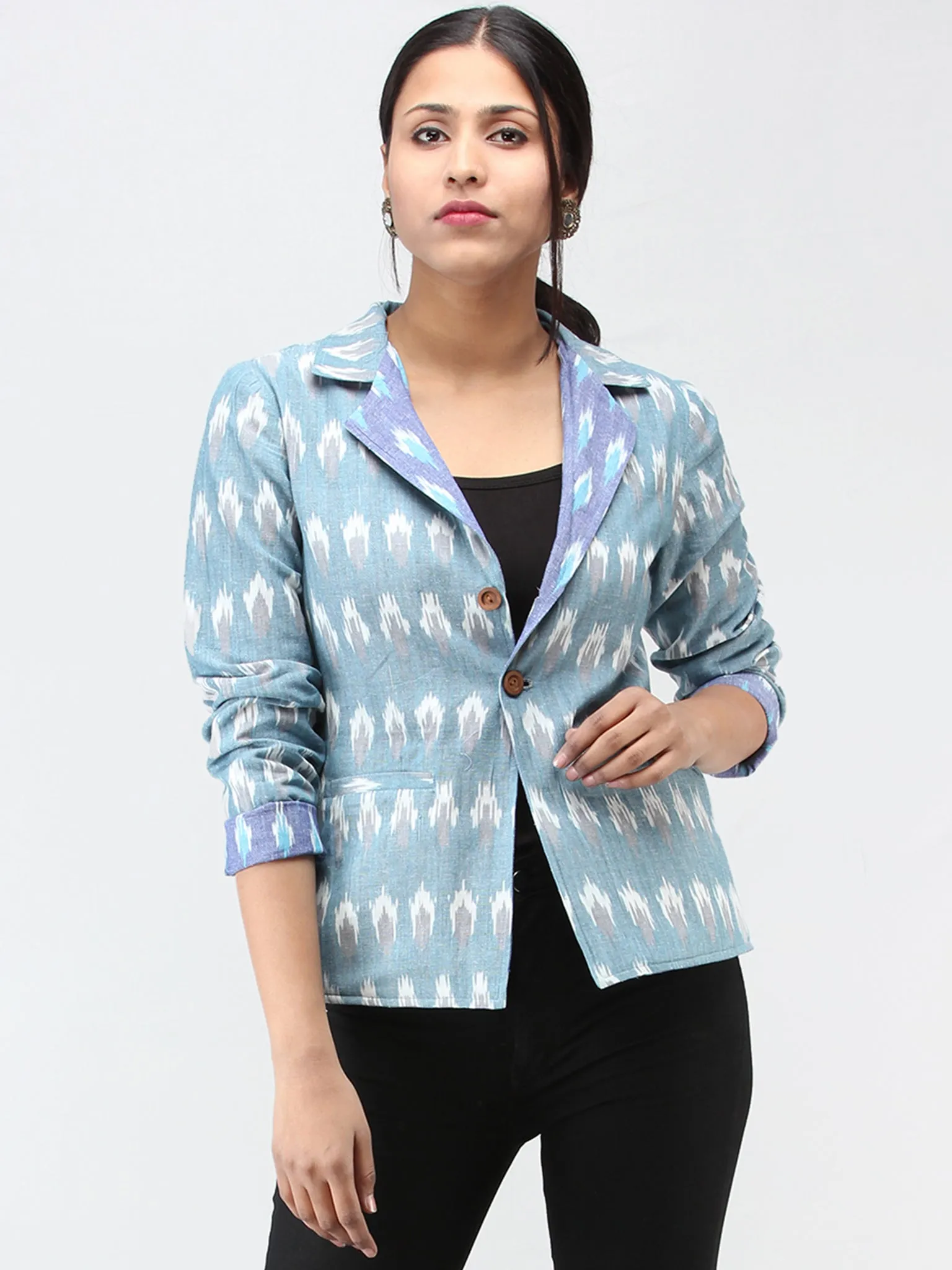 Blue Grey White Hand Woven Ikat Reversible Blazer  - J12FXXX