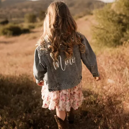 (Blue Pearl) Custom Cowgirl Hat Patch Kids Denim Jacket