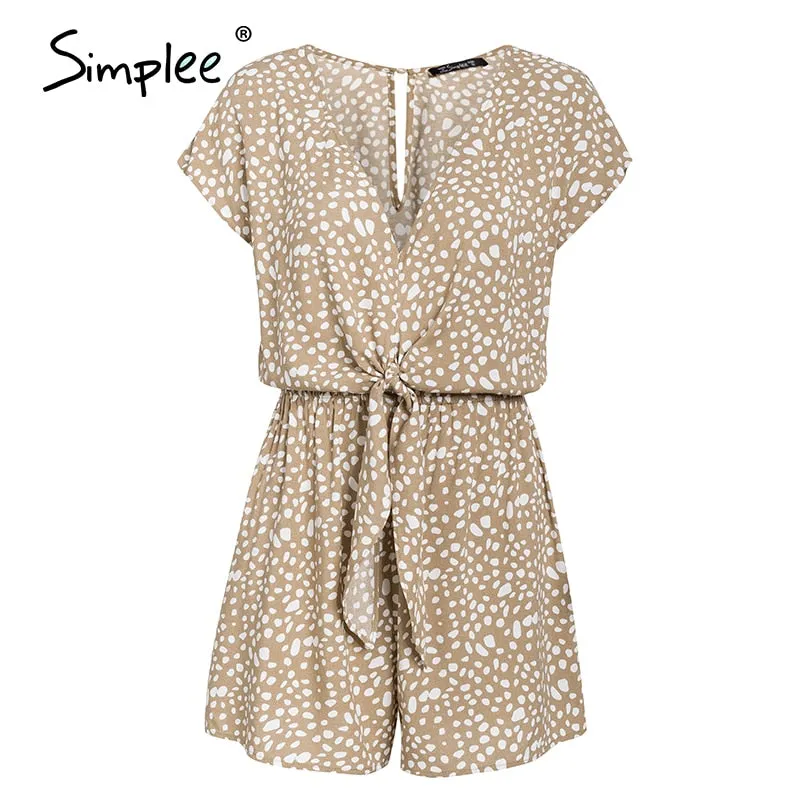 Boho Casual bow tie Short Sleeve Loose v neck leopard print overalls romper Playsuit