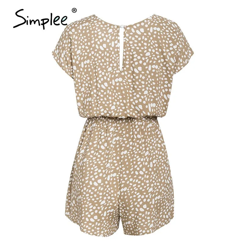 Boho Casual bow tie Short Sleeve Loose v neck leopard print overalls romper Playsuit