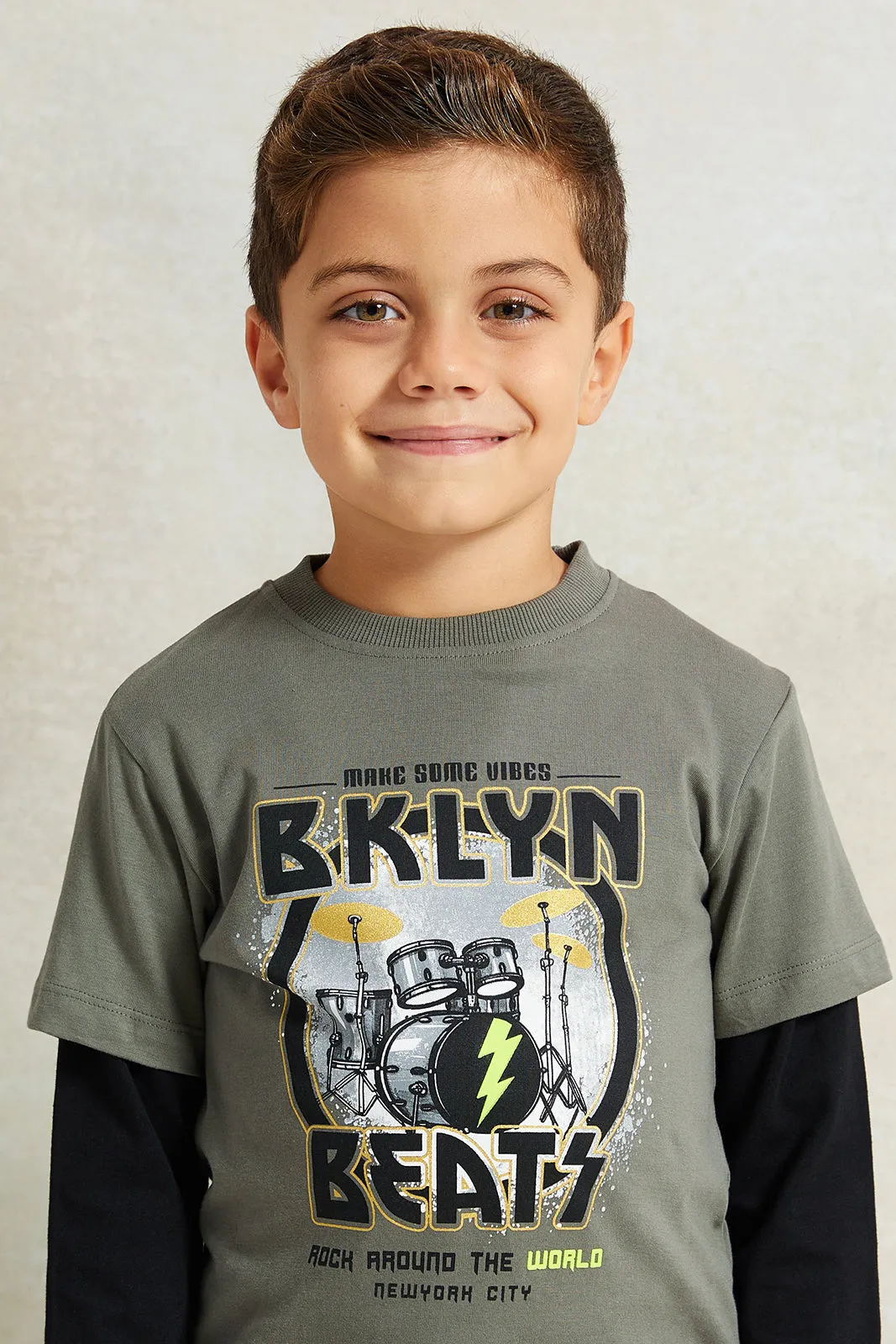 Boys Black And Grey Printed T-Shirt