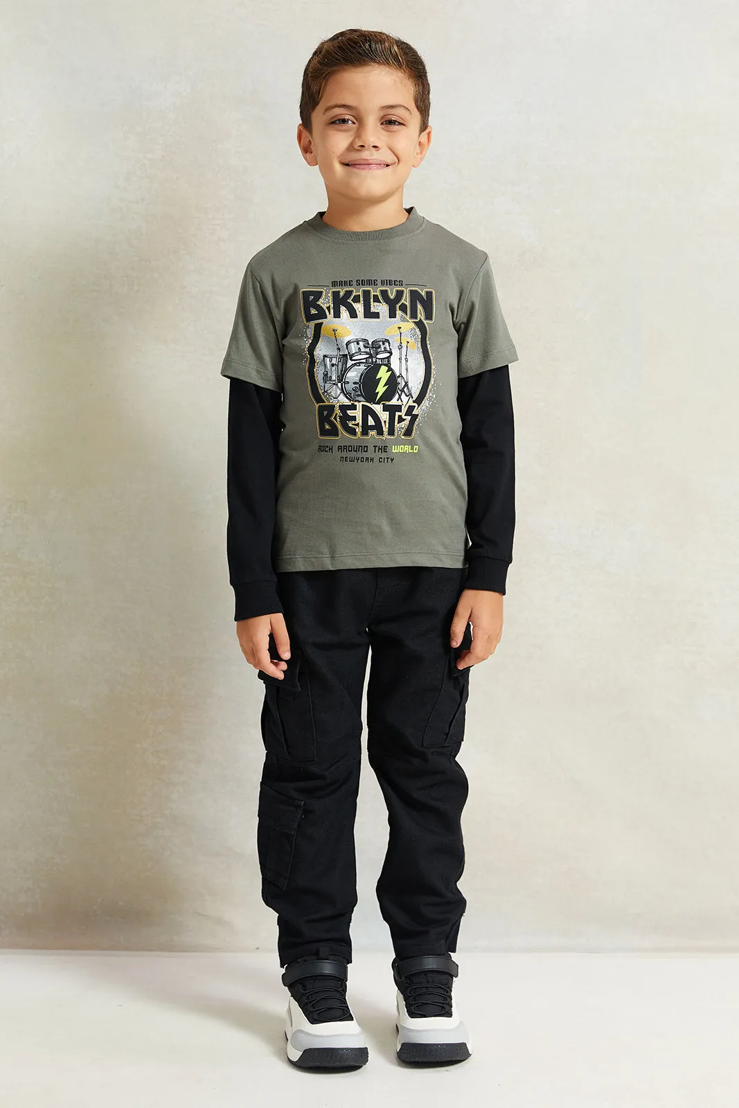 Boys Black And Grey Printed T-Shirt