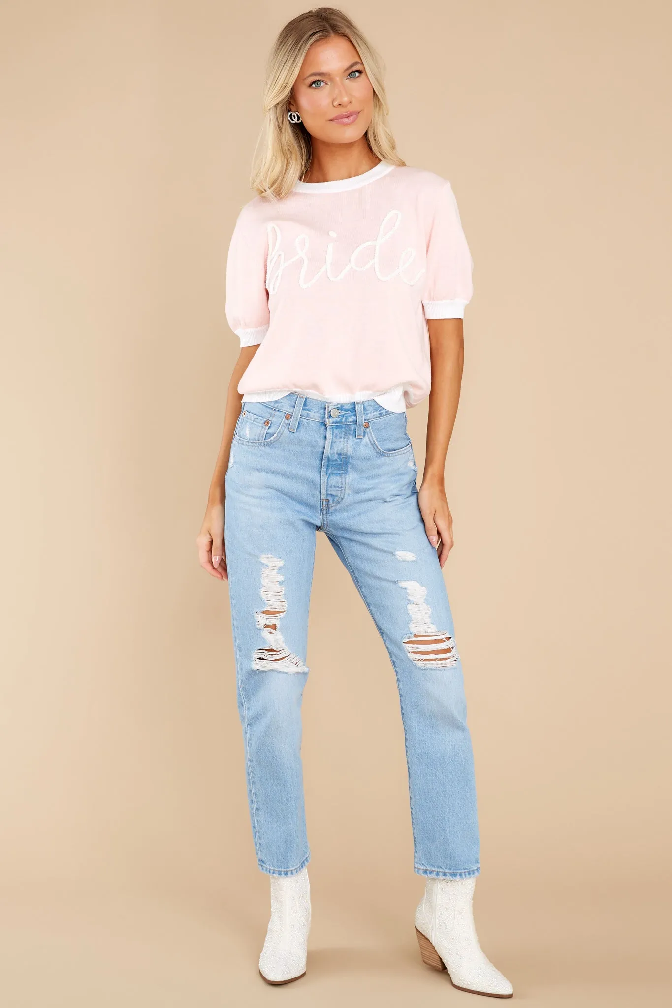 Bride Glitter Script Light Pink Short Sleeve Sweater