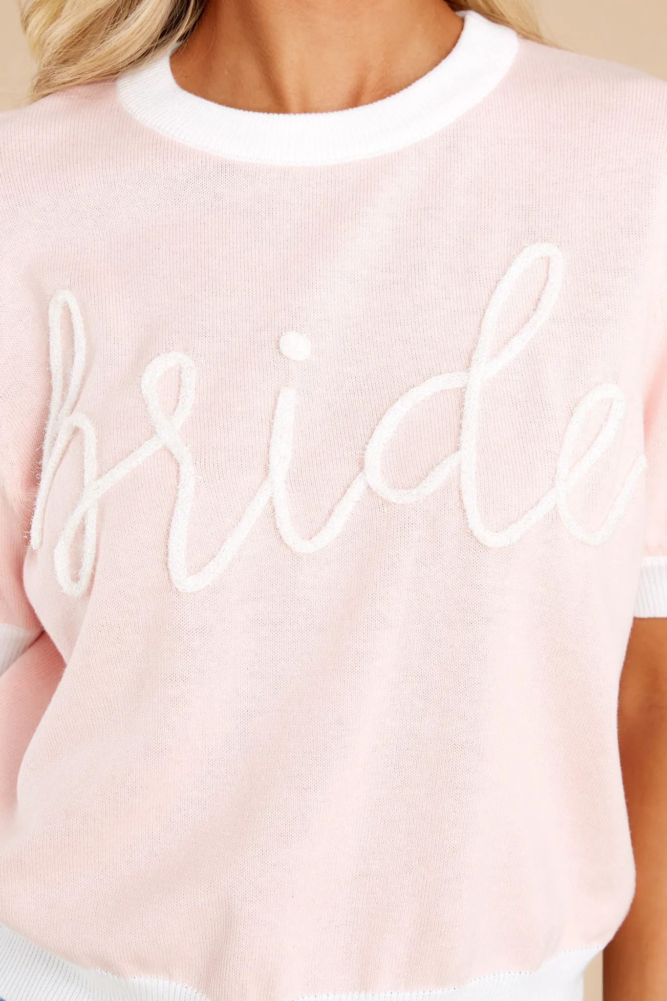 Bride Glitter Script Light Pink Short Sleeve Sweater