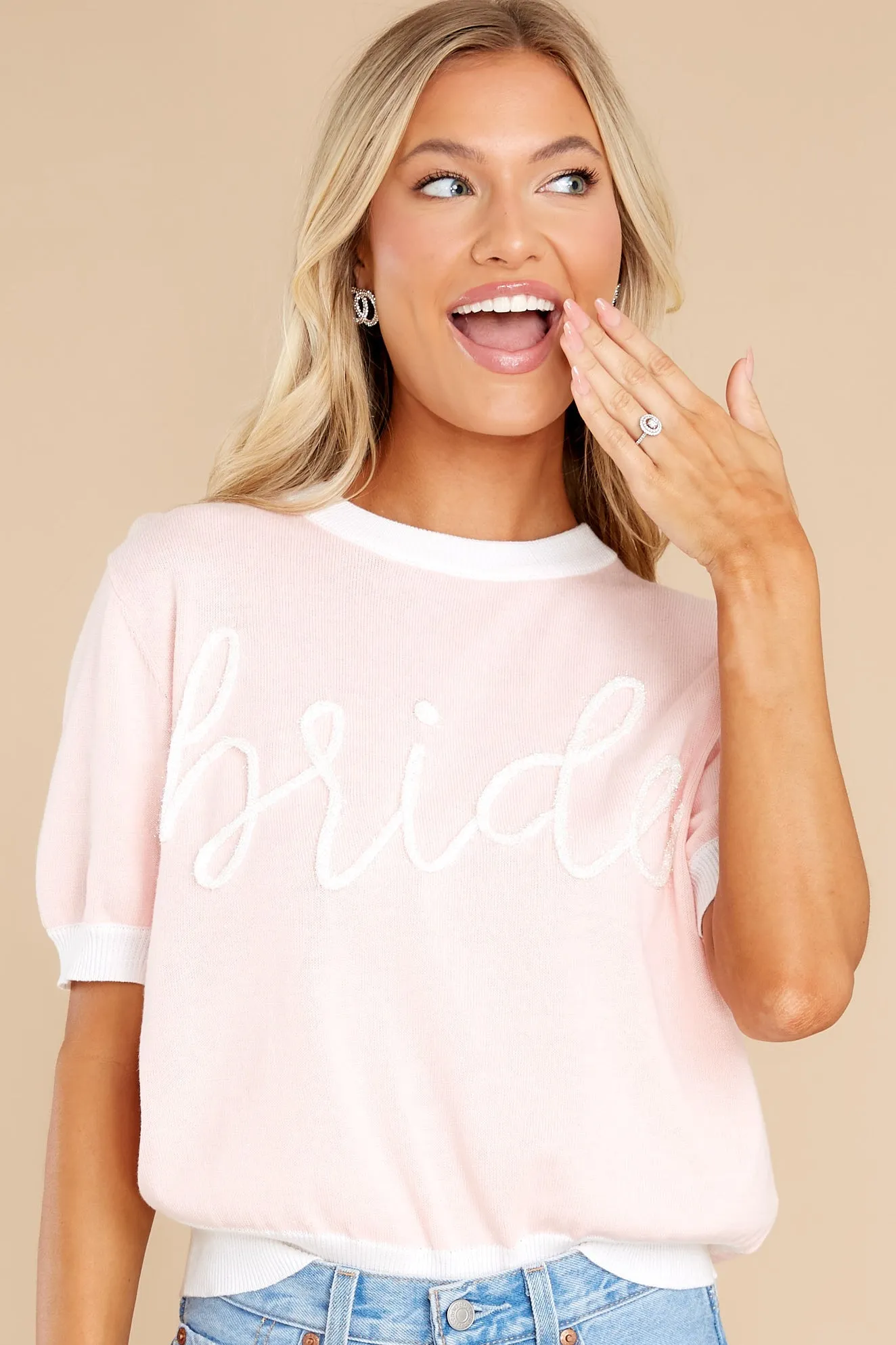 Bride Glitter Script Light Pink Short Sleeve Sweater