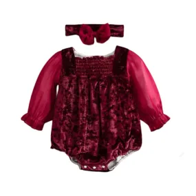 Burgandy Red Velvet Bodysuit Romper Baby Girls , Color - Red