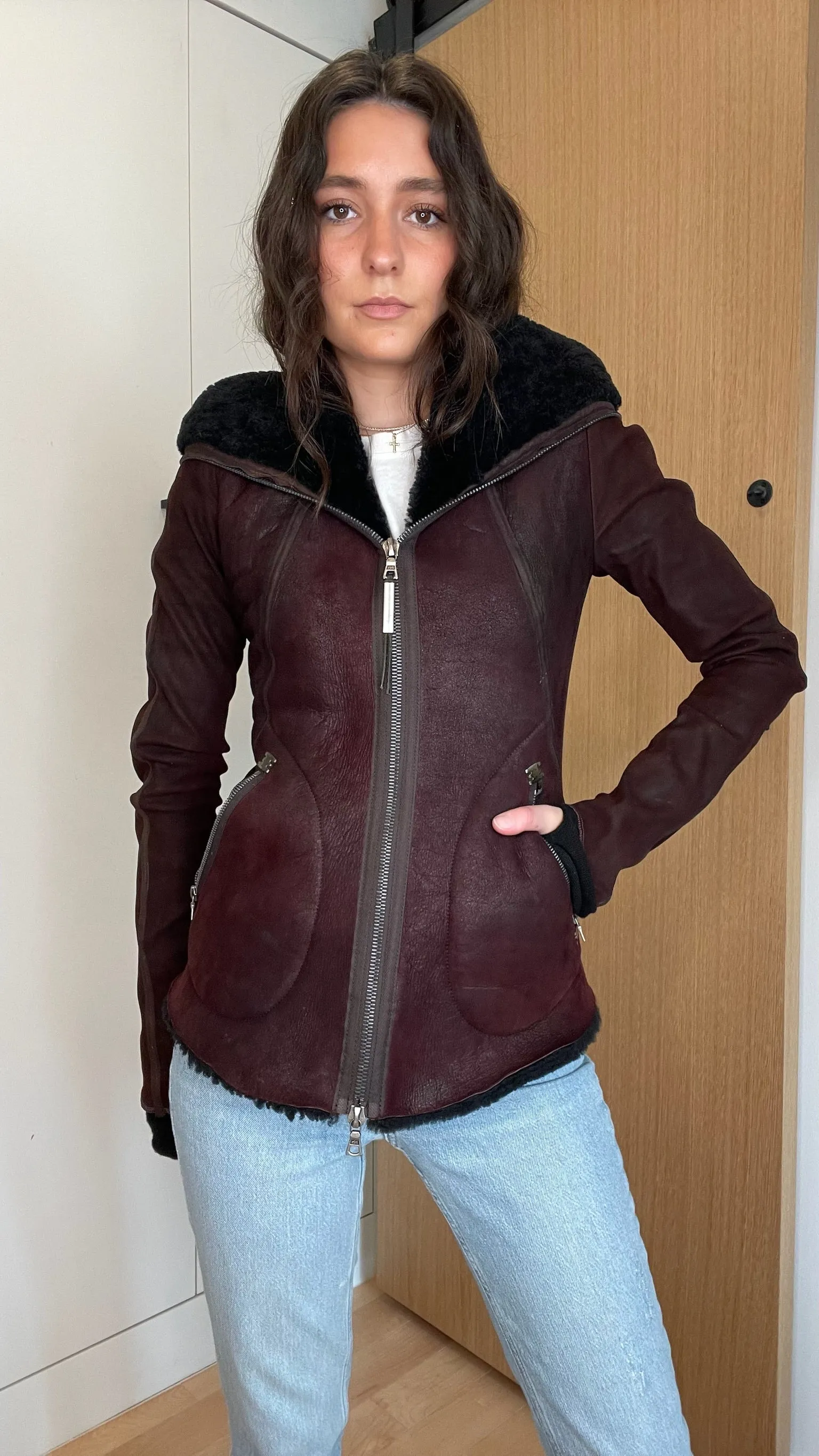 Burgundy Suede & Shearling Jacket - XS