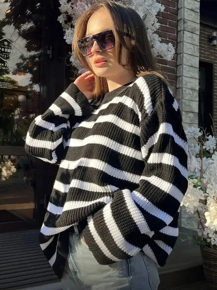 Casual Elegant Striped Cozy Oversize Autumnal Comfortable Gray Fashionable Sweater