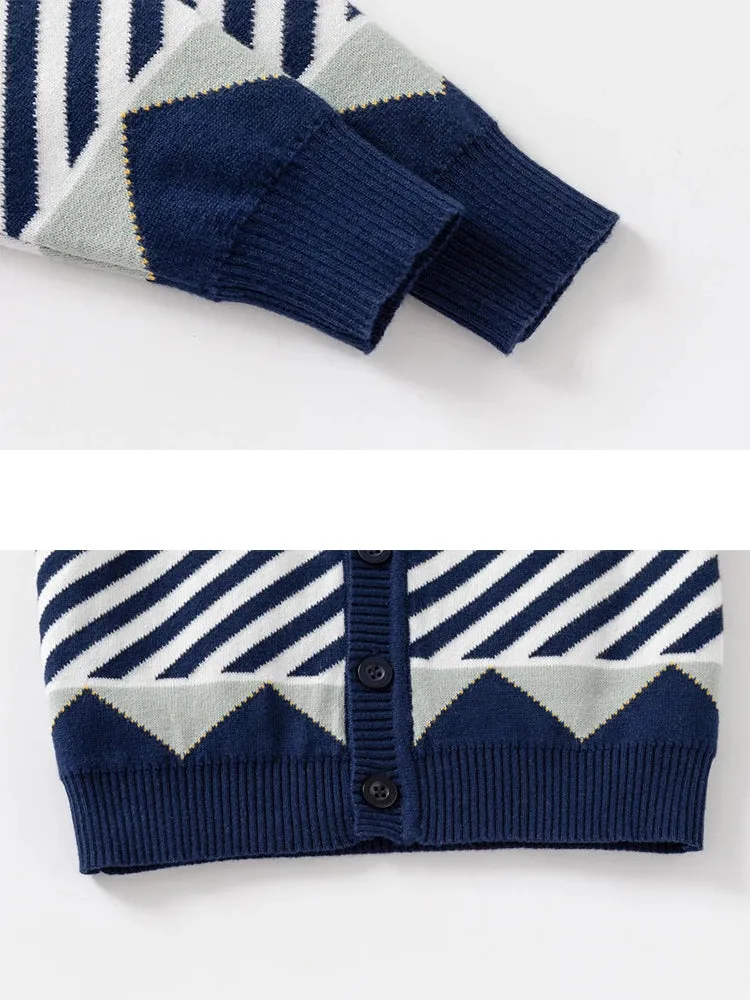 Children Sweater Winter Double-layer Cotton Striped Kid Knitted Sweaters For Boys Girls Cardigan Baby Jacket Navy And Beige Coat