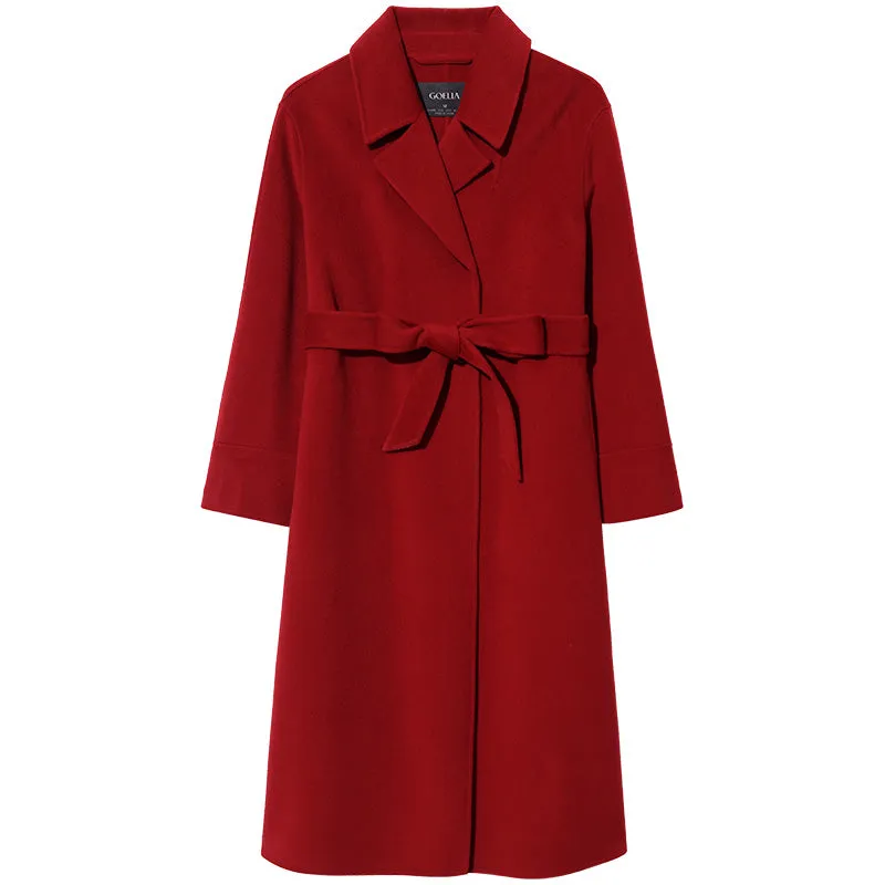 Chili Red Double-Faced Wool And Silk-Blend Lapel Women Coat